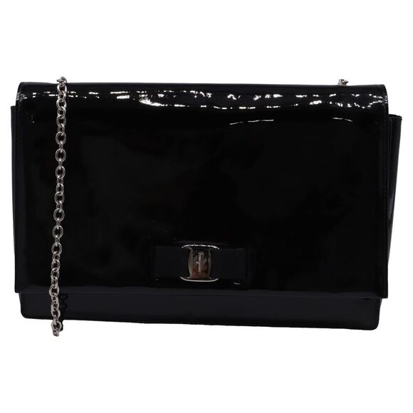 Salvatore Ferragamo Vara Bow Chain Shoulder Bag in Black Patent Leather